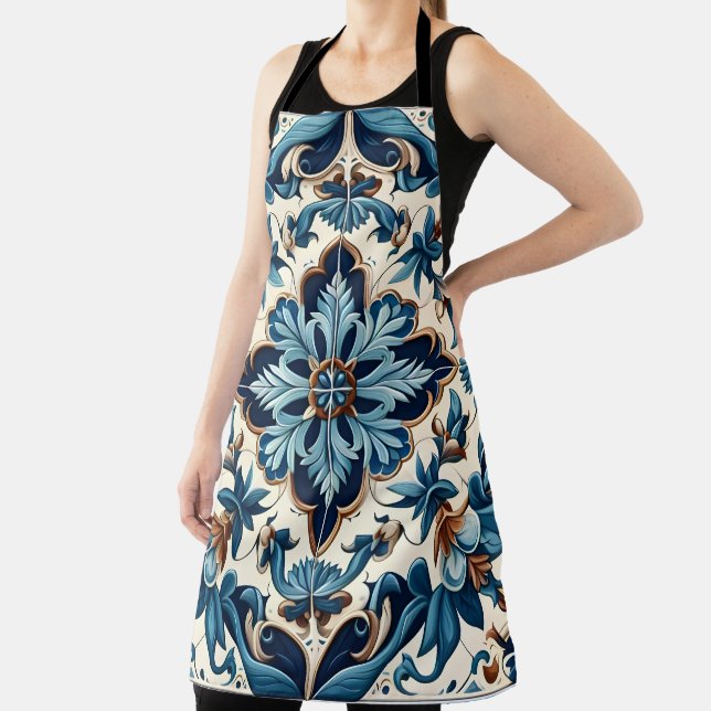 Azulejo Porcelain Blue Tile Mediterranean Pattern Apron (Insitu)