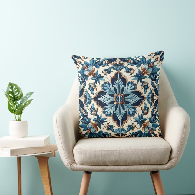 Azulejo Porcelain Blue Tile Mediterranean Pattern Cushion (Chair)
