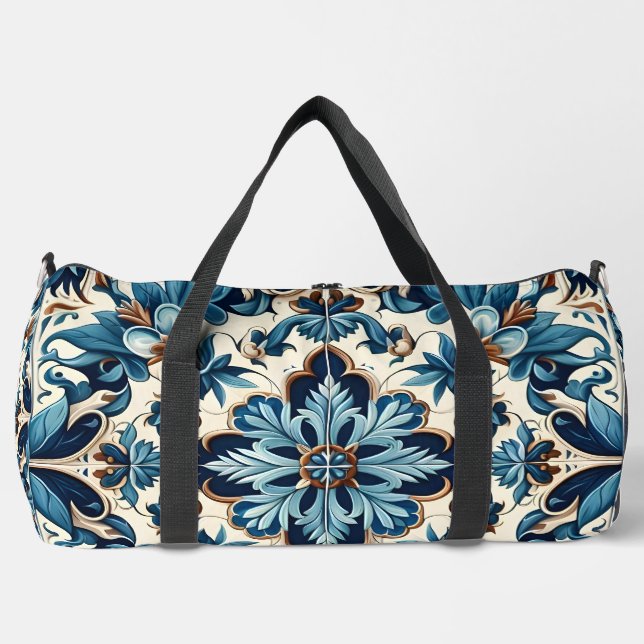 Azulejo Porcelain Blue Tile Mediterranean Pattern Duffle Bag (Front)