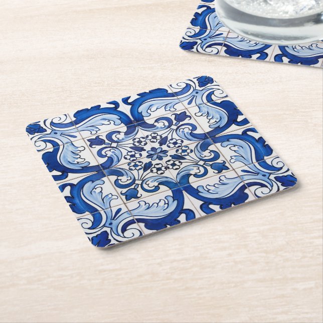 Azulejo Portuguese Glazed Tiles Pattern Square Paper Coaster (Angled)