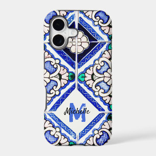 Azulejo Spanish Pattern Tiles Navy White Monogram