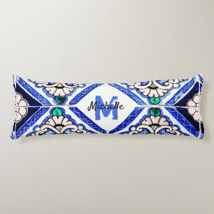 Azulejo Spanish Pattern Tiles Navy White Monogram Body Cushion
