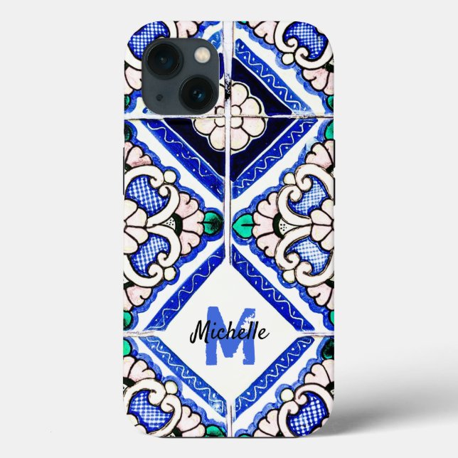 Azulejo Spanish Pattern Tiles Navy White Monogram  Case-Mate iPhone Case (Back)