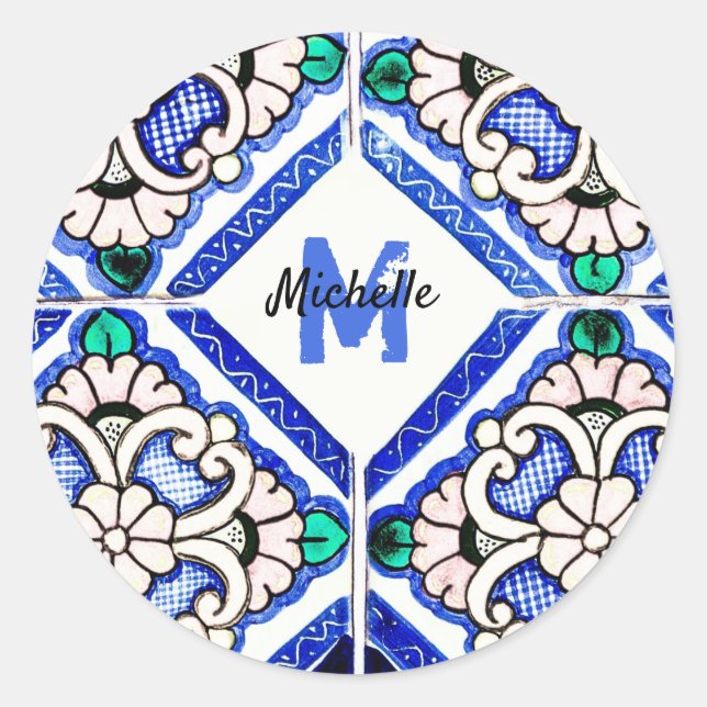 Azulejo Spanish Pattern Tiles Navy White Monogram Classic Round Sticker (Front)