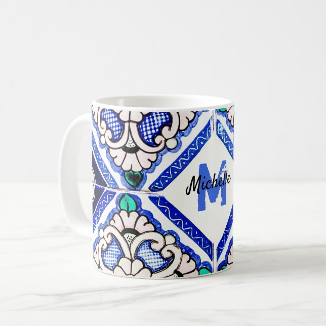 Azulejo Spanish Pattern Tiles Navy White Monogram Coffee Mug (Front Left)