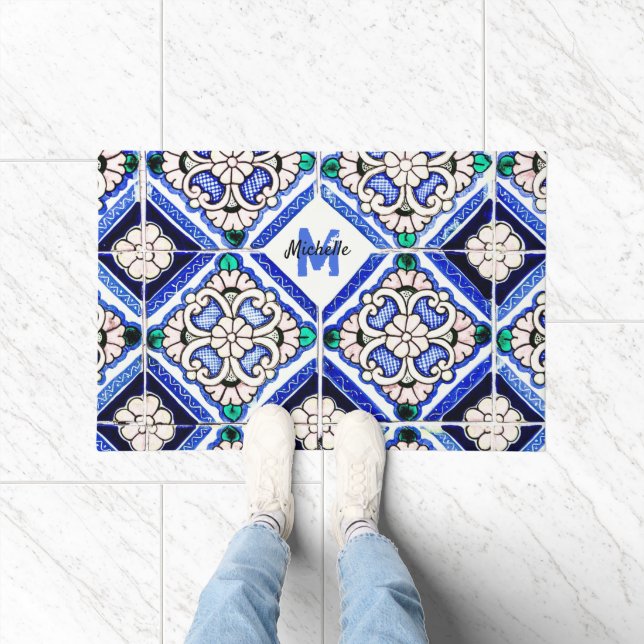 Azulejo Spanish Pattern Tiles Navy White Monogram Doormat (Indoor)