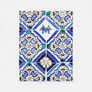 Azulejo Spanish Pattern Tiles Navy White Monogram  Fleece Blanket