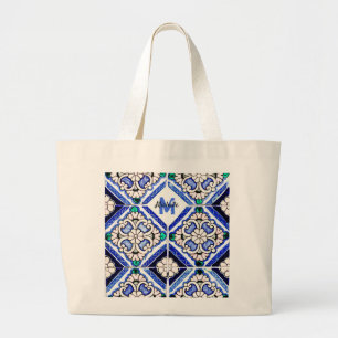 Azulejo Spanish Pattern Tiles Navy White Monogram Large Tote Bag
