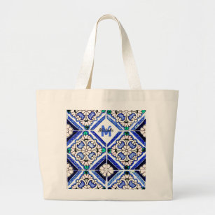 Azulejo Spanish Pattern Tiles Navy White Monogram Large Tote Bag