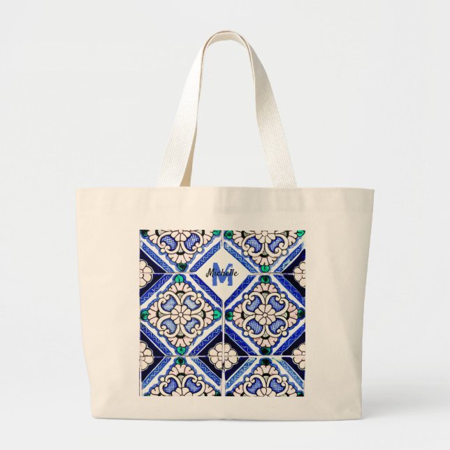Azulejo Spanish Pattern Tiles Navy White Monogram Large Tote Bag (Front)