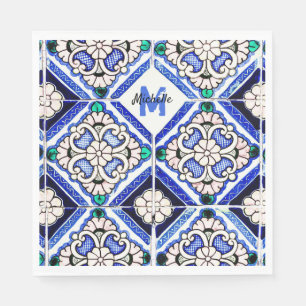 Azulejo Spanish Pattern Tiles Navy White Monogram Napkin