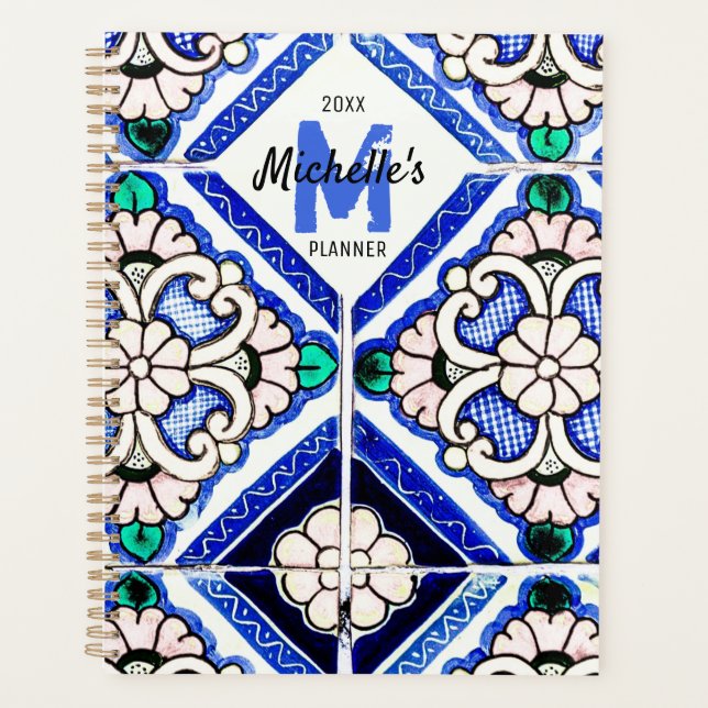Azulejo Spanish Pattern Tiles Navy White Monogram Planner (Front)