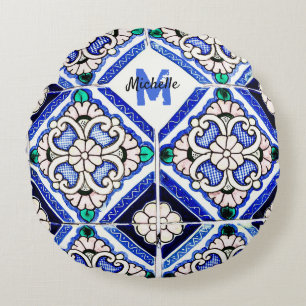 Azulejo Spanish Pattern Tiles Navy White Monogram Round Cushion