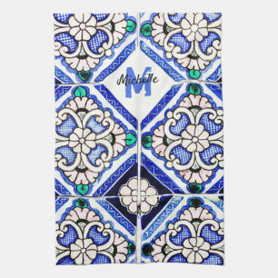 Azulejo Spanish Pattern Tiles Navy White Monogram Tea Towel