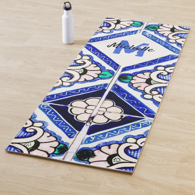 Azulejo Spanish Pattern Tiles Navy White Monogram Yoga Mat (In Situ)