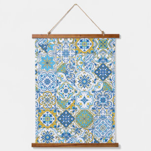 Azulejo tiles in blue and yellow hanging tapestry