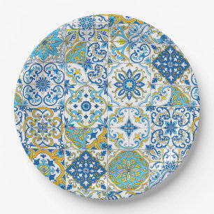 Azulejo tiles in blue and yellow paper plate