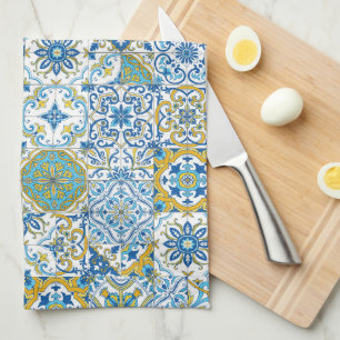 Azulejo tiles in blue and yellow tea towel