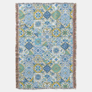 Azulejo tiles in blue and yellow throw blanket
