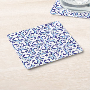 Azulejos Blue Floral Pattern Square Paper Coaster