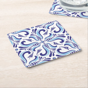 Azulejos Blue Floral Pattern Square Paper Coaster