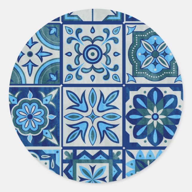 Azulejos Blue Portugal Pattern Classic Round Sticker (Front)