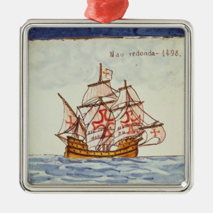 Azulejos tile depicting a ship, from Sagres Metal Tree Decoration