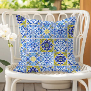 Azulejos Tile Pattern Blue White Yellow Cushion
