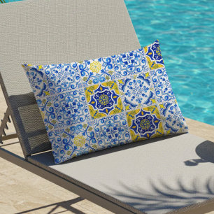 Azulejos Tile Pattern Blue White Yellow Lumbar Cushion