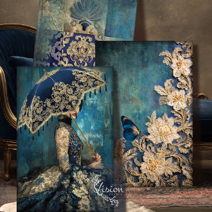 Azure Allure Navy Gold Lace Damask Ballgown Set Wrapping Paper Sheet