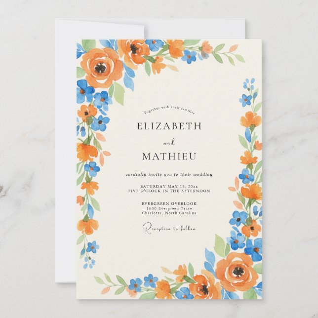 Azure Amber Ranunculus Eucalyptus Wedding Invitation (Front)