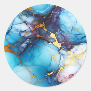 Azure & Amethyst Marble with Golden Veins Classic Round Sticker