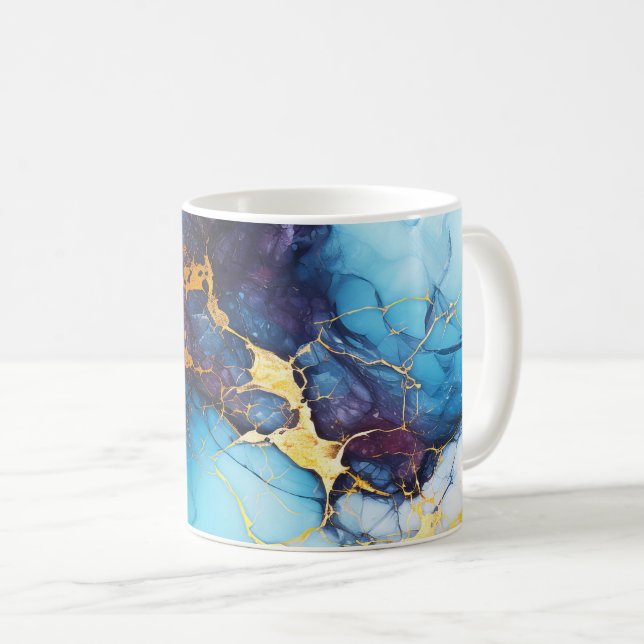 Azure & Amethyst Marble with Golden Veins Coffee Mug (Front Right)