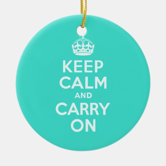 Azure and Turquoise Keep Calm and Carry On Ceramic Tree Decoration (Front)