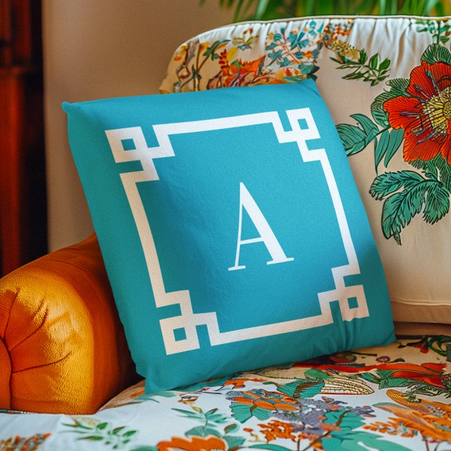 Azure and White Greek Key Border Monogram Cushion (Azure and White Greek Key Border Monogram Outdoor Pillow)