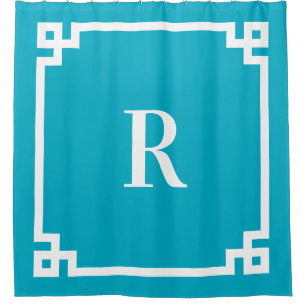 Azure and White Greek Key Simple Monogram Shower Curtain
