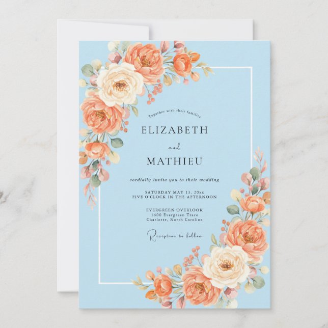 Azure Apricot Peony Wedding Invitation (Front)