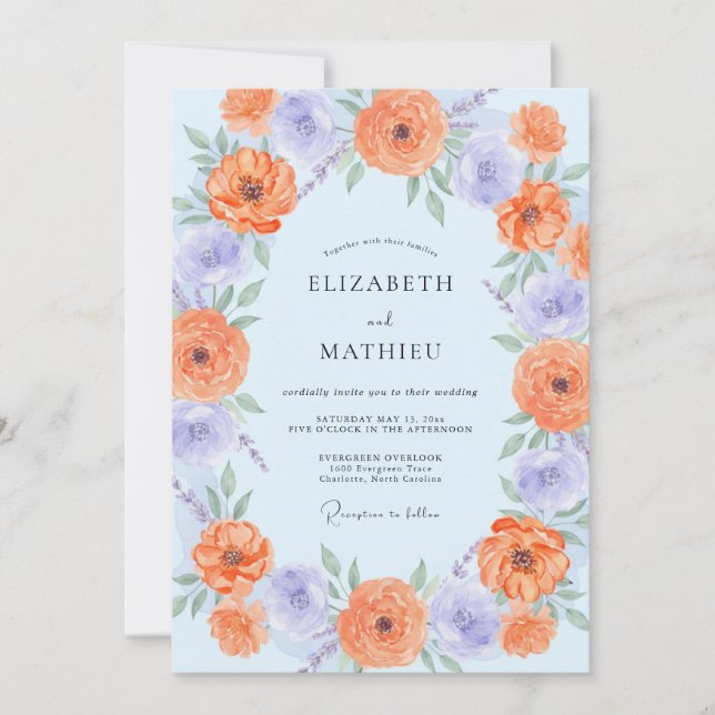Azure Apricot Ranunculus Eucalyptus Wedding Invitation (Front)