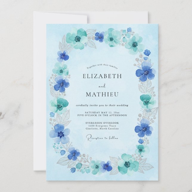 Azure Aqua Wreath Wedding Invitation (Front)