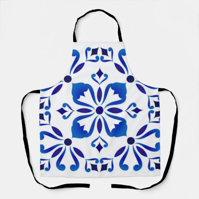 Azure Arabesque Floral Geometry Elegant Coastal Apron (Front)