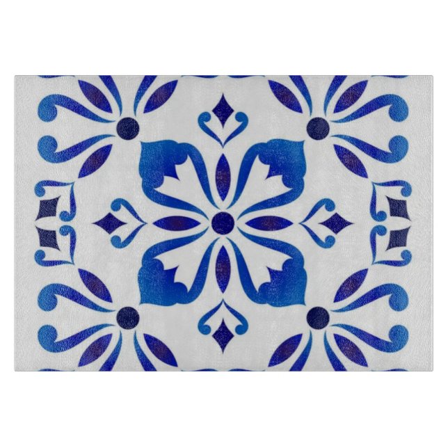 Azure Arabesque Floral Geometry Elegant Coastal Cutting Board (Front)