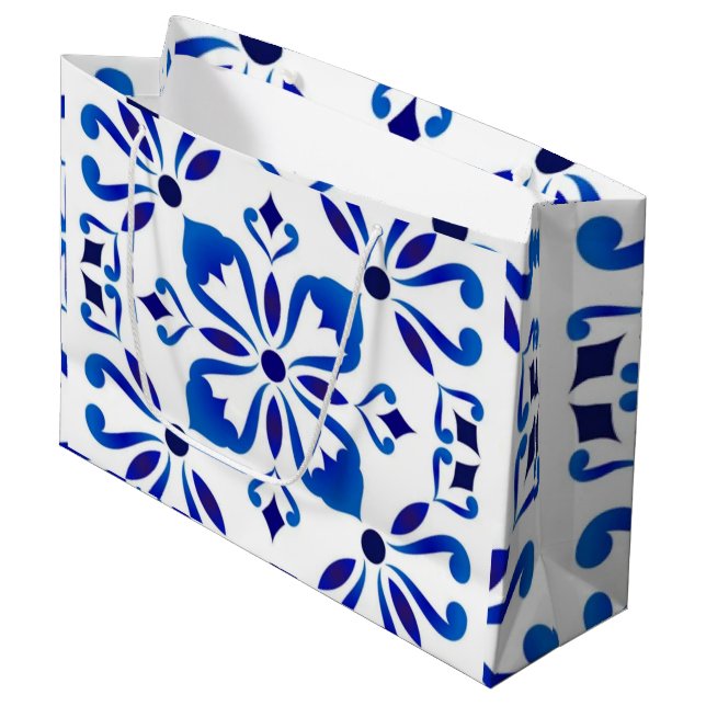 Azure Arabesque Floral Geometry Elegant Coastal Large Gift Bag (Front Angled)