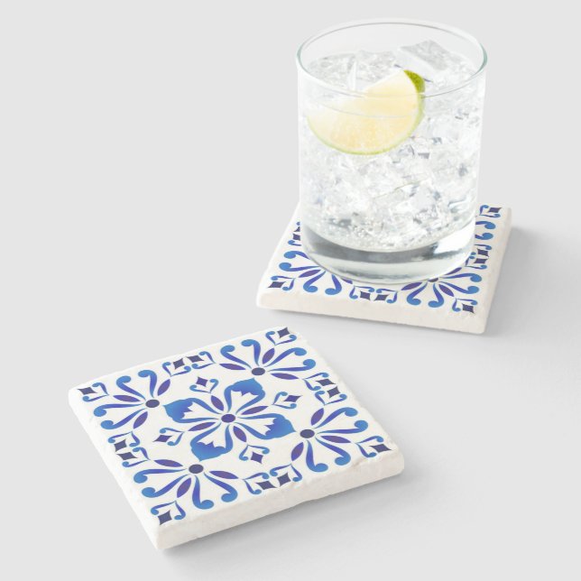 Azure Arabesque Floral Geometry Elegant Coastal Stone Coaster (Side)