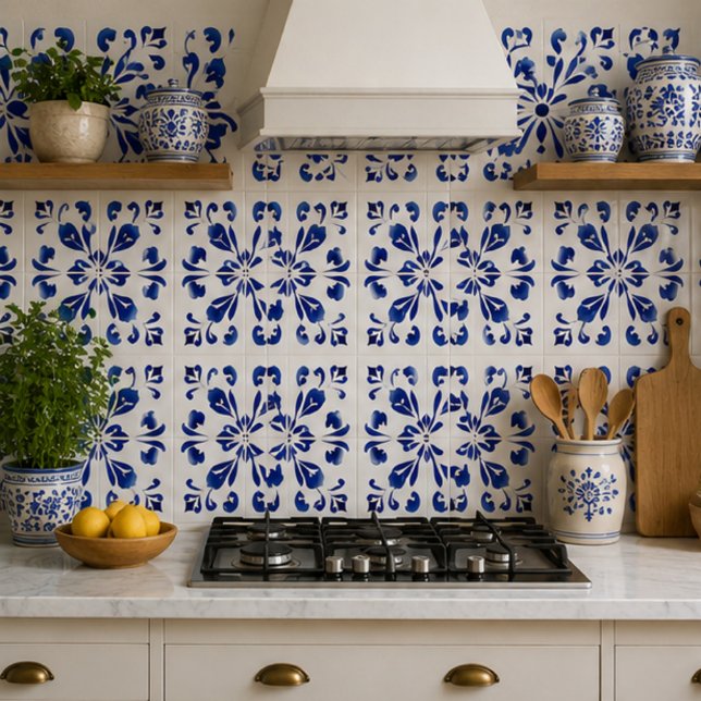 Azure Arabesque Floral Geometry Elegant Coastal Tile (Creator Uploaded)