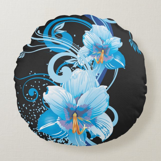Azure Bloom Elegance Round Cushion (Front)