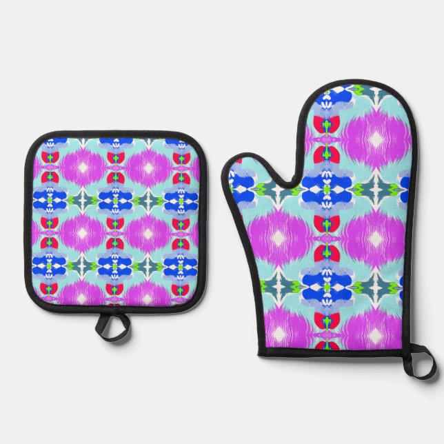 Azure Bloom Kaleidoscope Oven Mitt & Pot Holder Set (Front)