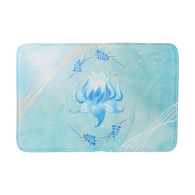 Azure Bloom – Teal & White Lotus Illustration Bath Mat (Front)