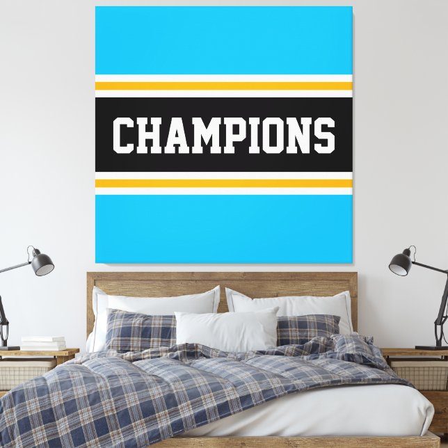 Azure Blue Black White Orange CHAMPIONS Stripes Canvas Print (Insitu(Bedroom))