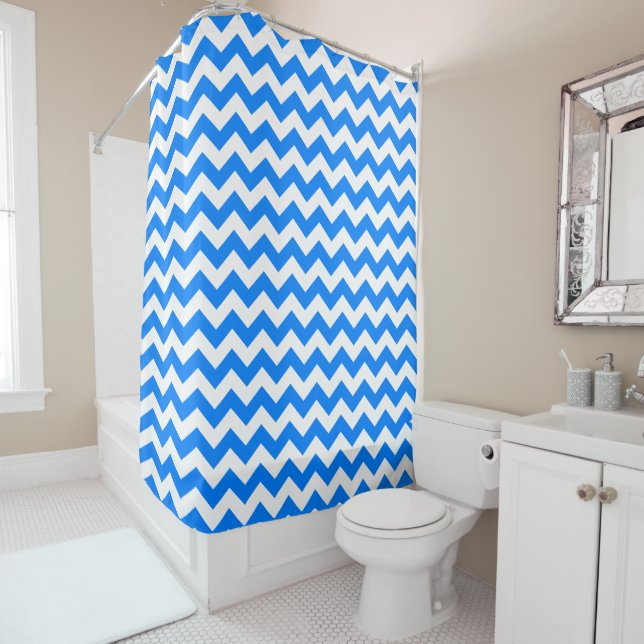 Azure Blue Chevron Shower Curtain (In Situ)