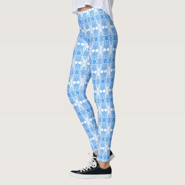 Azure Blue Damask Leggings (Left)